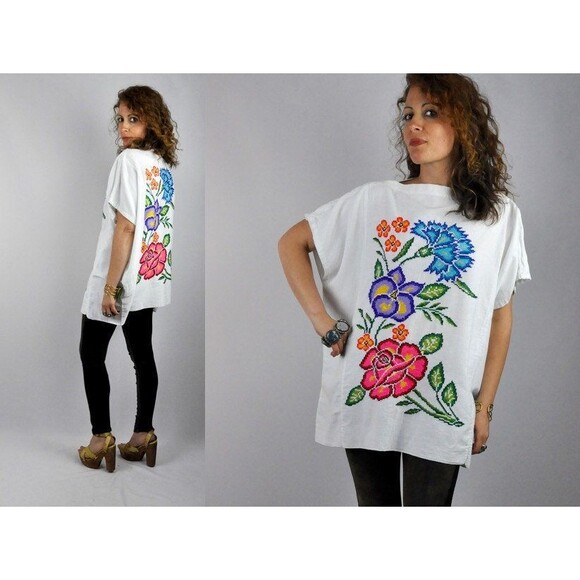 Mexican Embroidered Oversized Blouse Cross Stitches Blouse Back & Front Boho - Picture 1 of 5